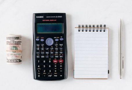 Budgeting - Composition of calculator with paper money and notebook with pen